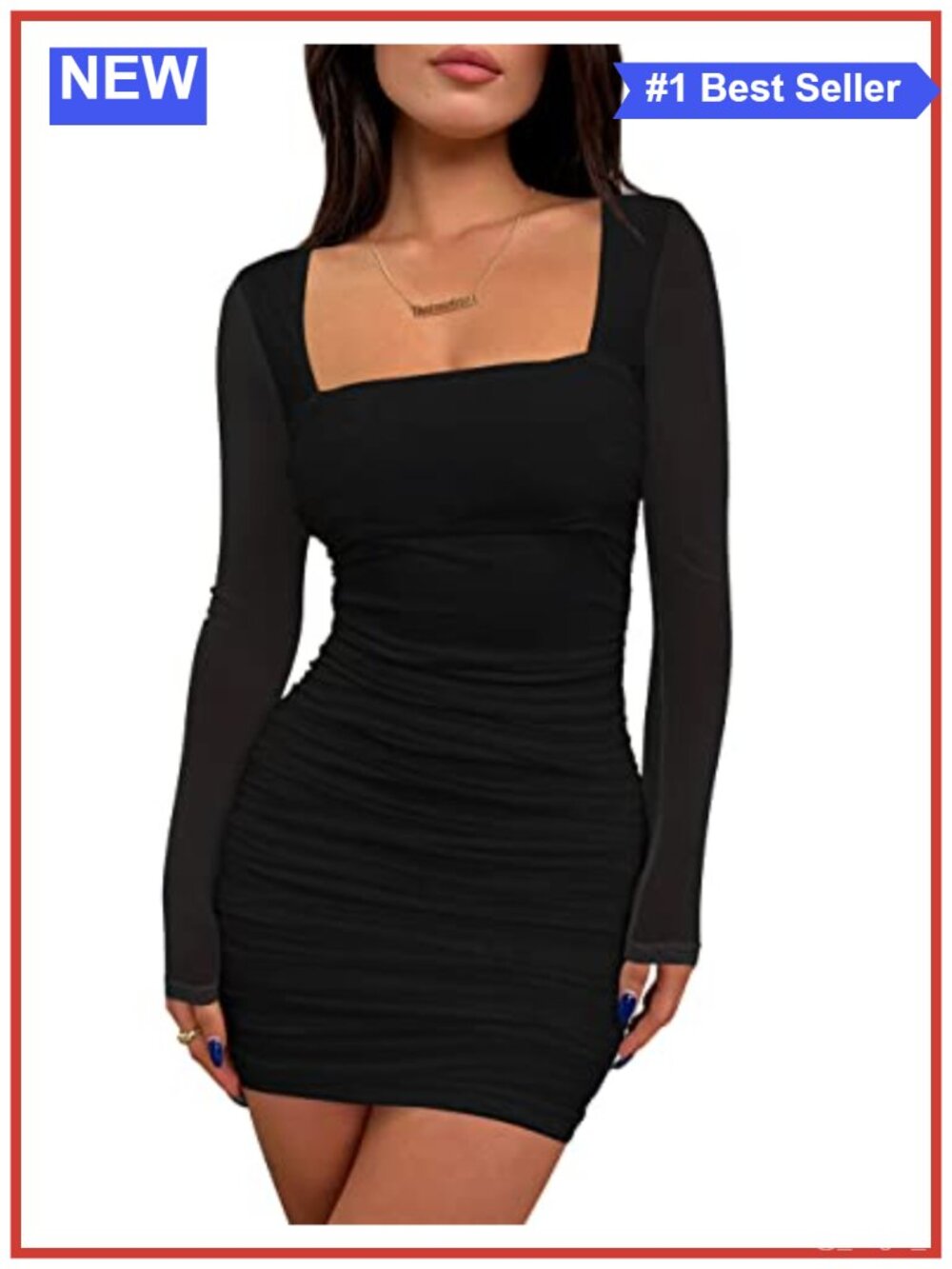 Women's Sexy Mesh Sheer Ruched Bodycon Mini Dress Long Sleeve Square Neck